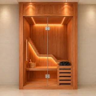 Phòng xông hơi khô gỗ Tuyết tùng 1400x1400x2100mm – Máy Dioost 6kW